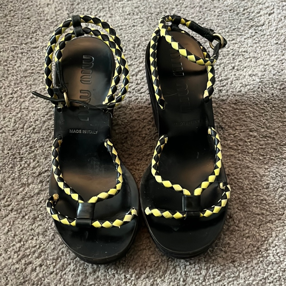 Miu Miu black suede wedge yellow and black cord detail